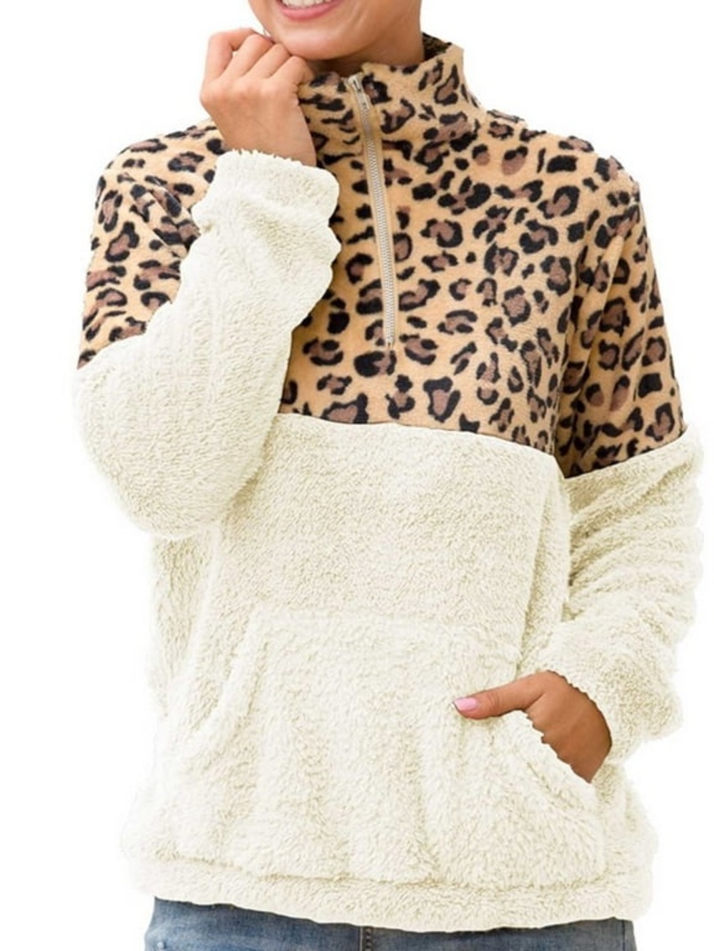 C+D+M Women's Cream & Leopard Sherpa Half-Zip Pullover Jacket - Picture 6 of 10